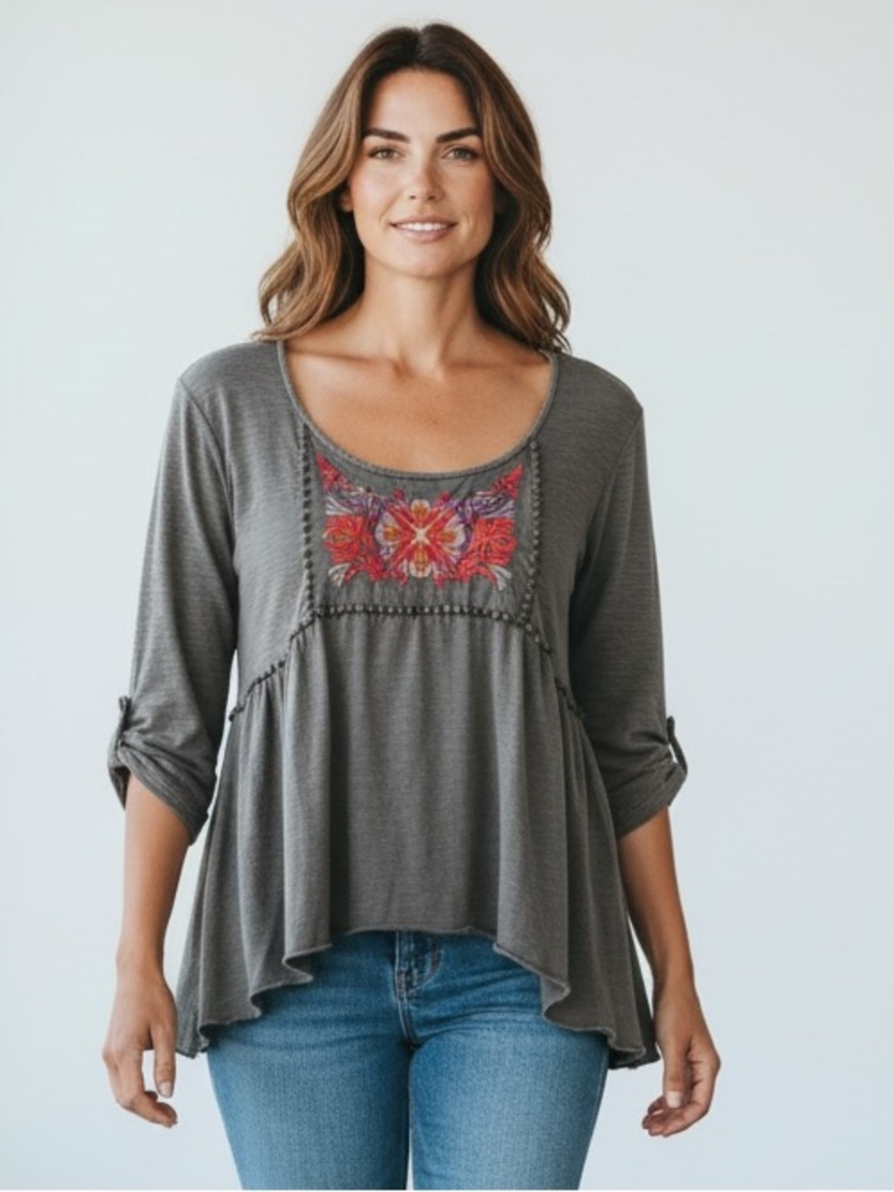 0100. Urban Outfitters Ecote Gray Scoop-Neck Top with Red & Pink Embroidery
